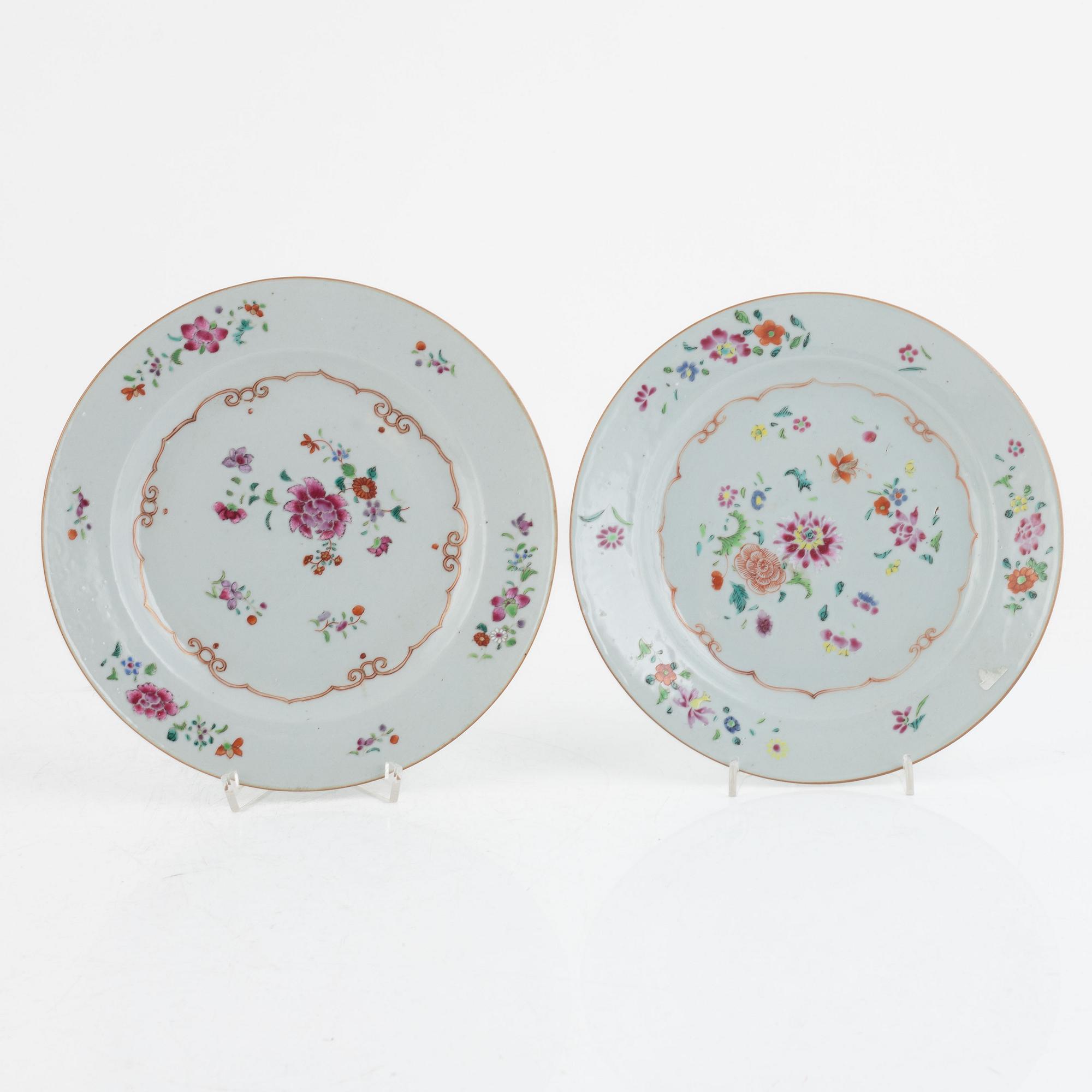 A set of five Chinese porcelain famille rose plates and one 'double peacock' plate, Qing dynasty, Qianlong (1736-95).
