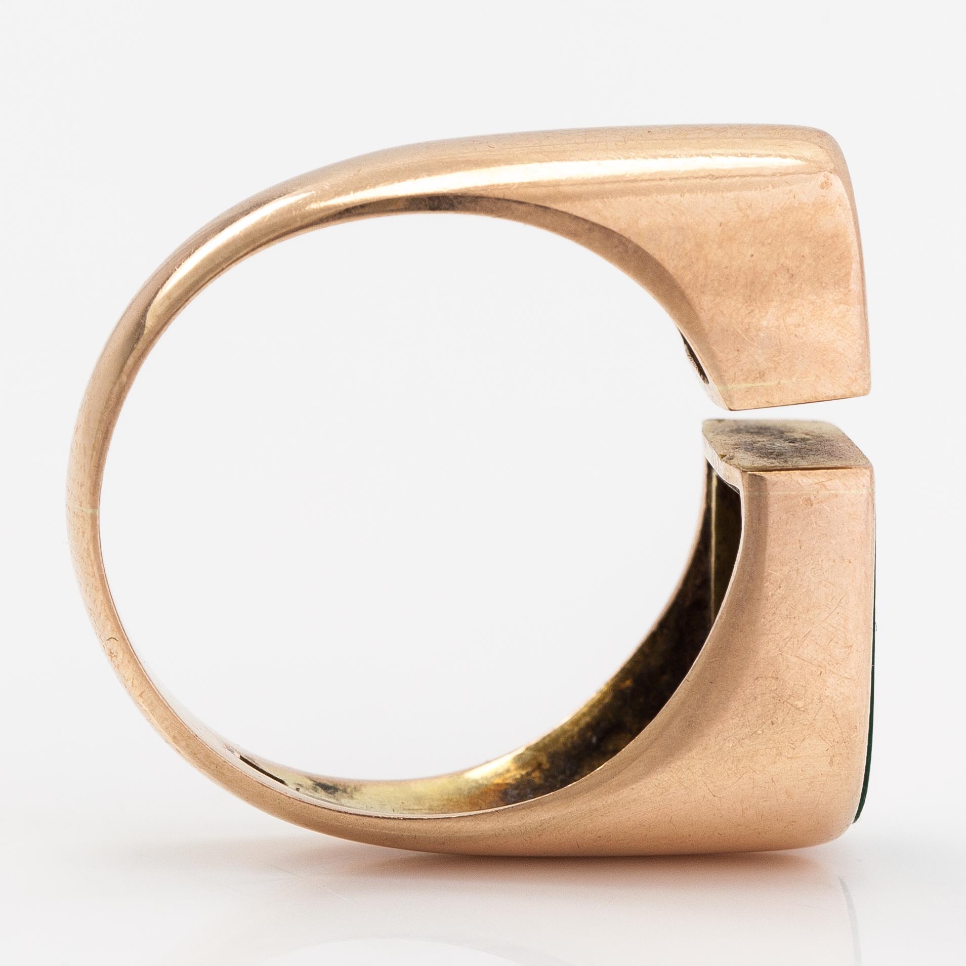 Sormus, 14K kultaa, malakiitti ja timantteja n. 0.04 ct yht.