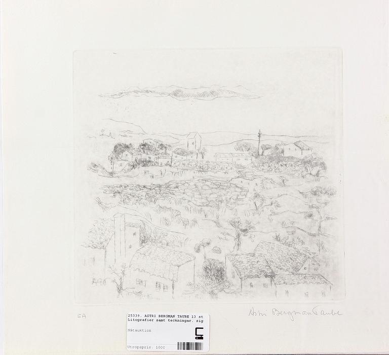 BERGMAN TAUBE, ASTRI. Litografier samt teckningar, 13 st. Sign.