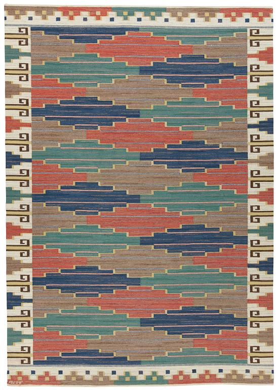 CARPET. "Blå heden". Flat weave. 358,5 x 252 cm. Signed AB MMF.