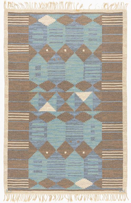 Matta, "Blått stim" rölakan, signerad KJ KH (Karin Jönsson, Klockargårdens Hemslöjd Tällberg) 230 x 154 cm.