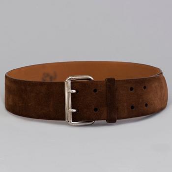 A chocolatebrown suede belt by Ralph LAuren.