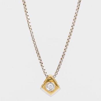 A chain and a pendant set with a round, brilliant-cut diamond.
