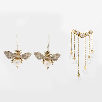 Maria Nilsdotter, a single earring, "rain earring" and a pair, silver with pearls and quartz.