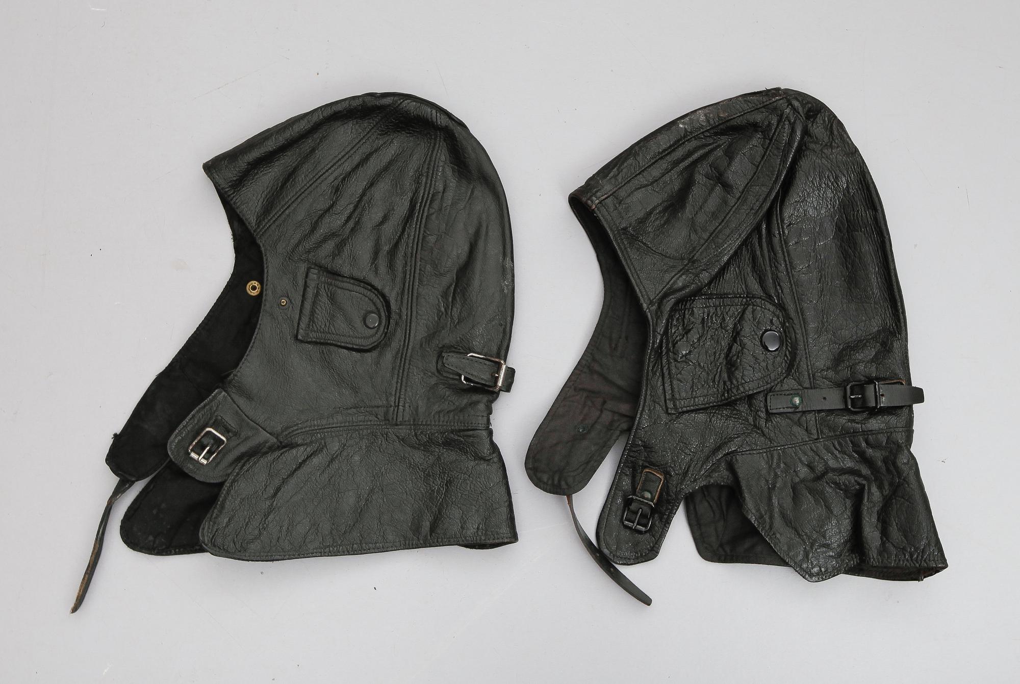 MOTORHUVOR, 2 st, läder, 1900-talets första hälft.