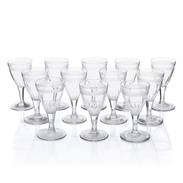 A set of 12 presumably Swedish wine glasses, 19th Century.