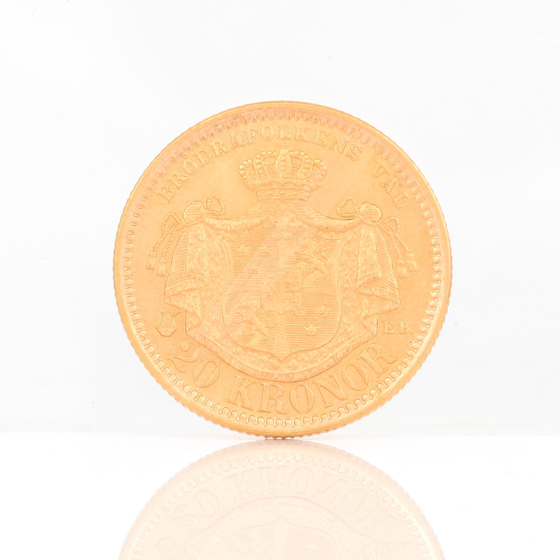 GULDMYNT, 20 kronor, Oscar II av Sverige och Norge 1884. Vikt ca 9 gram.