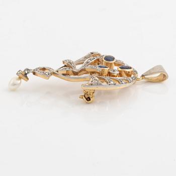 Brosch/hänge, guld med gammal-och rosenslipade diamanter, safirer och pärla.