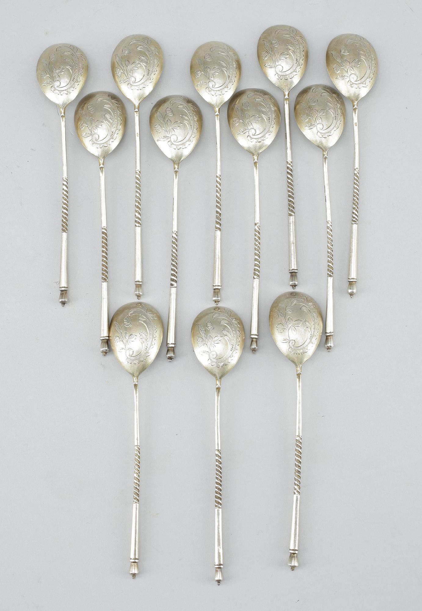 TESKEDAR, 12st, förgyllt silver, sannolikt Ivan Sergeyevich Lebedkin, Moskva, Ryssland, tidigt 1900-tal.
