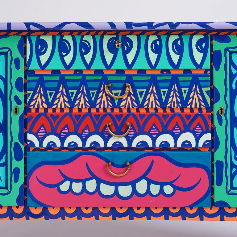 Amara Por Dios, a unique painted sideboard/object, executed in her own studio, 2018.