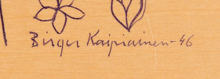 Birger Kaipiainen, drawing, lilac ink on plywood, signed and dated -46.