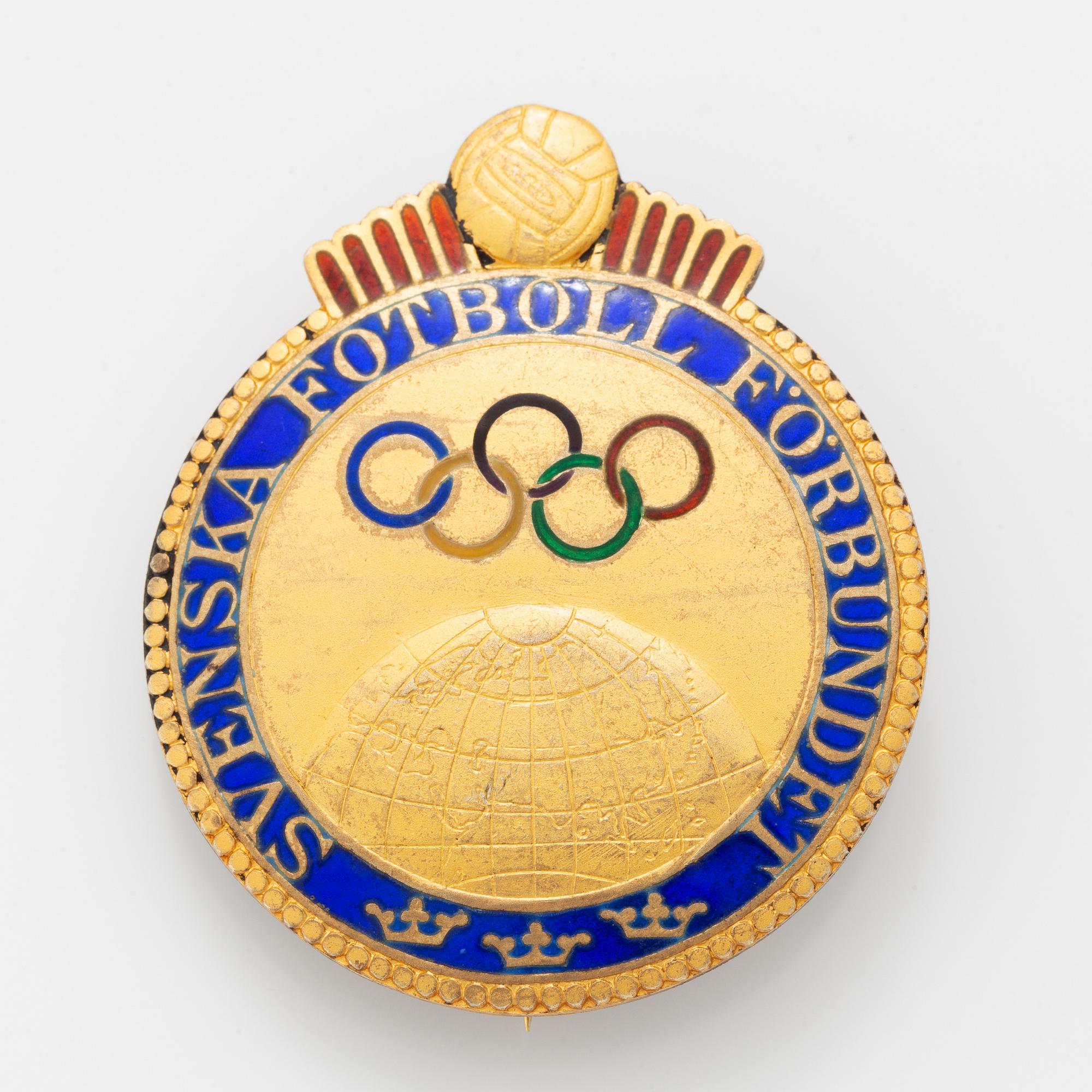 A Swedish parcel-gilt and enamel pin, Svenska Fotboll Förbundet, awarded Birger Rosengren Olympic gold, London, 1948.