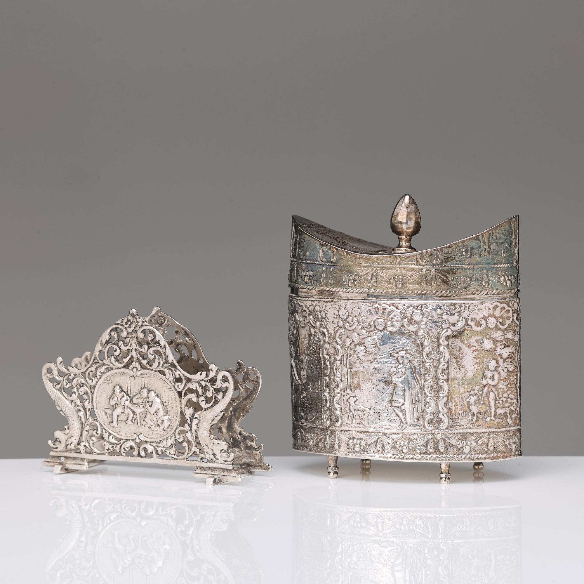 A Dutch late 19th century silver jar and napkin-holder. An ash-tray, Birmingham 1902.