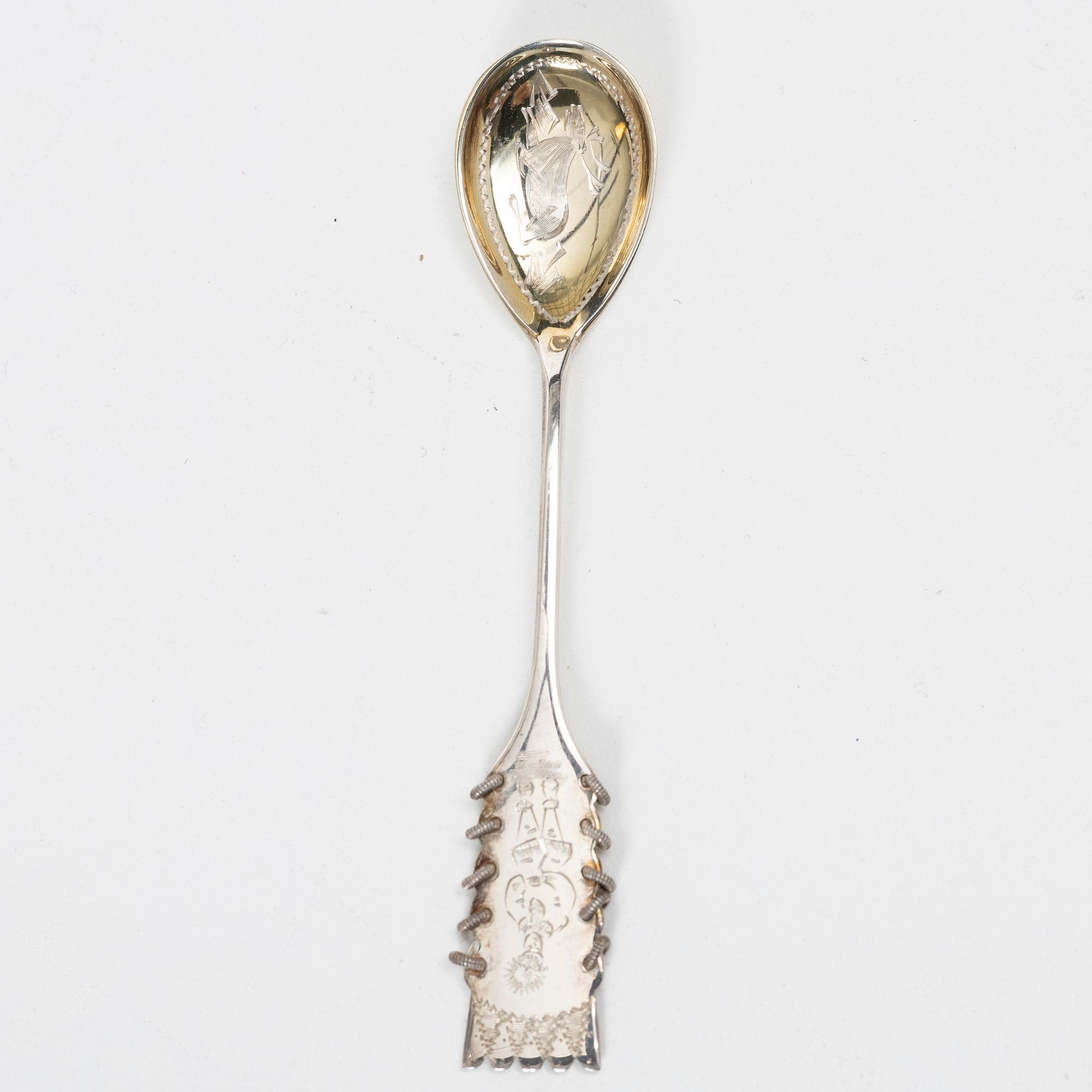 Bestick, 14 st, silver, med dekor av samer och renar, bl a Fritz Olsson, Luleå 1965.