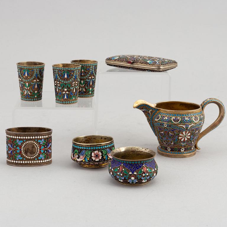 A set of Russian silver-gilt and enamel (7 pieces).