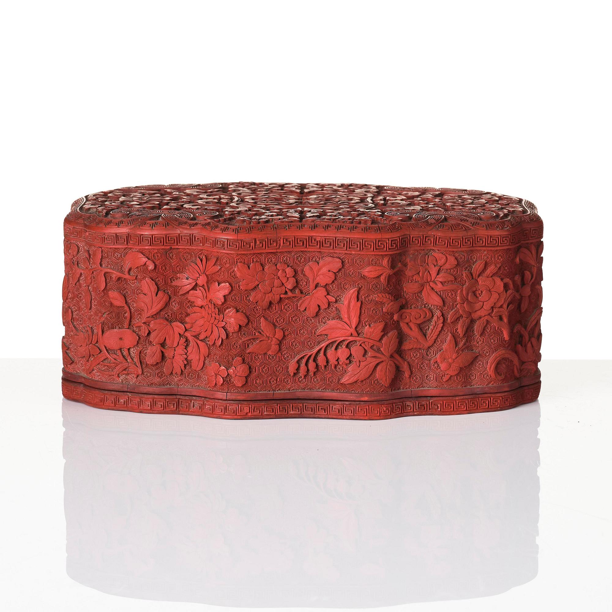 A fine carved lacquer box and cover with tianqi lacquer inset boxes and covers, Qing dynasty, Qianlong (1736-95).