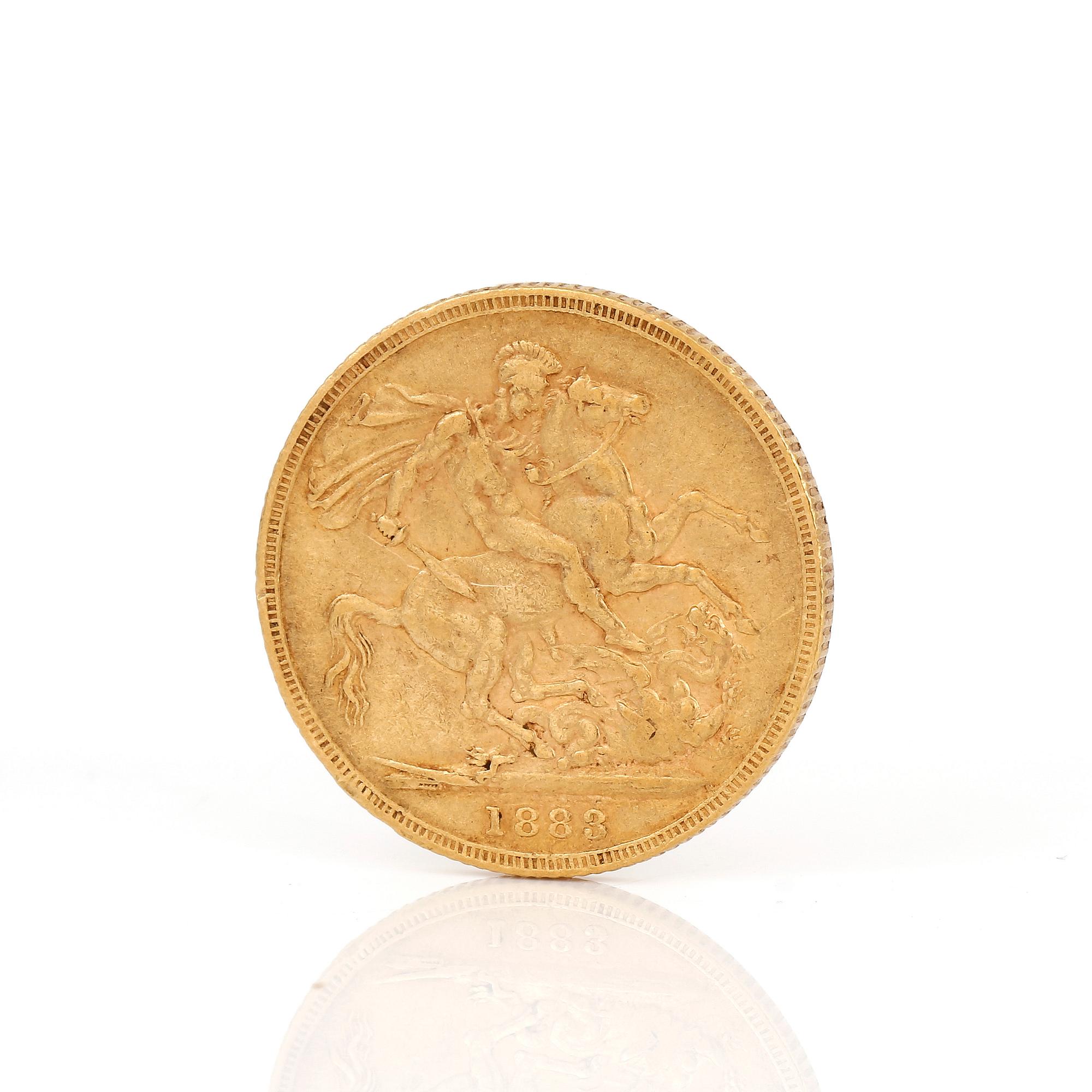 GULDMYNT, sovereign, Victoria, Storbrittannien 1883. Vikt ca 7 g.