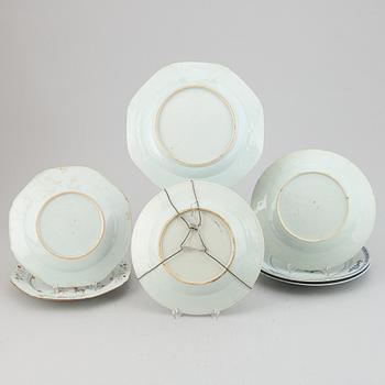 Seven blue and white and famille rose export porcelain plates, Qing dynasty, Qianlong (1736-95).