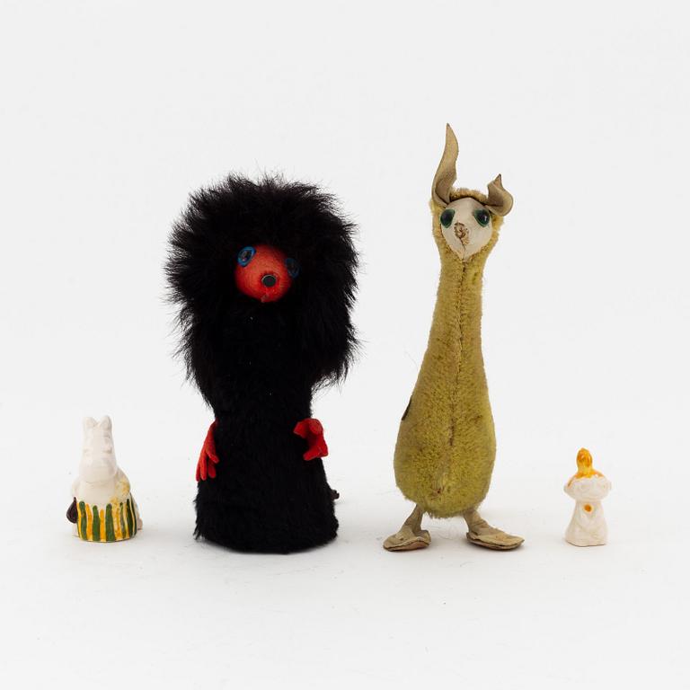 Atelier Fauni, two moomin figures, and two moomin porcelain figurines, Finland, 1950's/60's.