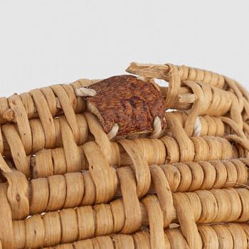 Three small root baskets, two signed.