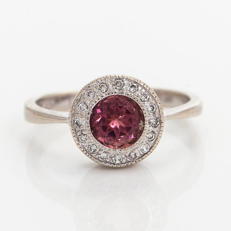 Ring, faceted cut tourmaline, brilliant cut diamonds, 14K white gold.