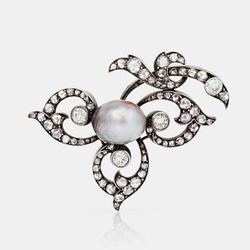 687. A late Victorian brooch set with a grey natural pearl and old- and rose-cut diamonds.