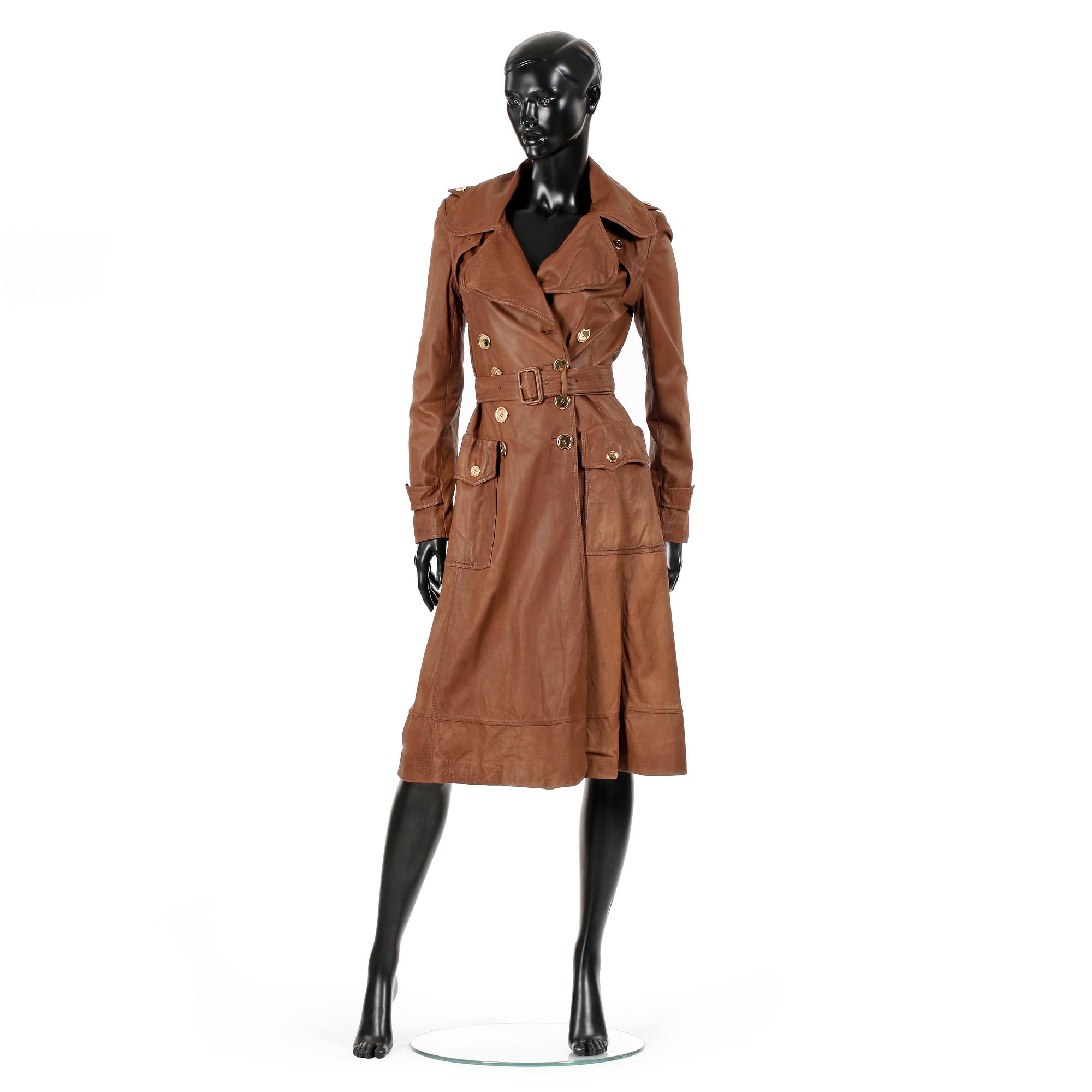 BURBBERY, a brown leather coat.