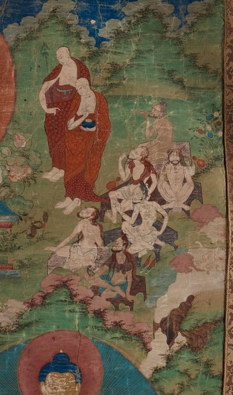 THANGKA. Tibet, troligen 1800-tal. Shakyamuni med lärjeungar och lamor.