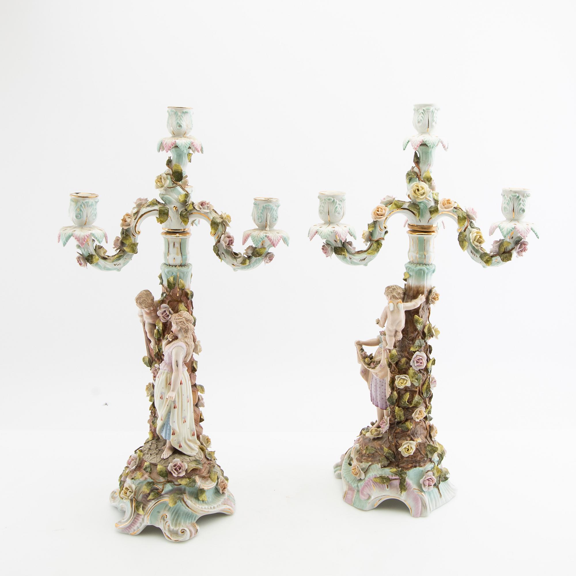 Candelabras a pair Rococo style Germany mid-20th century porcelain.