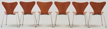 A set of six Arne Jacobsen 'Series 7' teak and steel chairs, Fritz Hansen, 1950's.