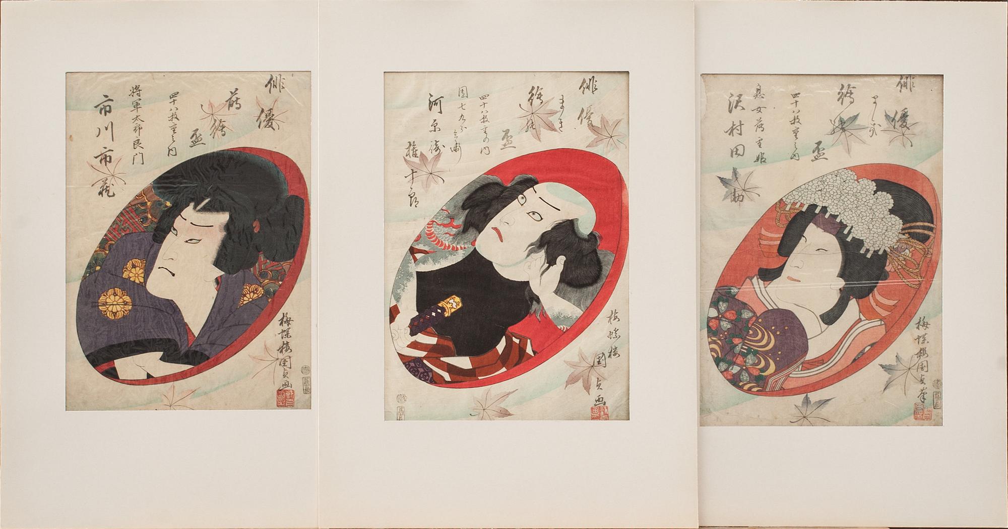 JAPANSKA TRÄSNITT, 3 st, Utagawa Kunisada, 1800-tal.