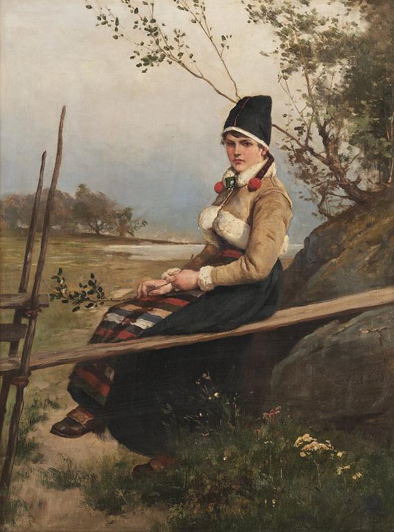 Axel Ender, Landscape with girl in Swedish traditional costume.