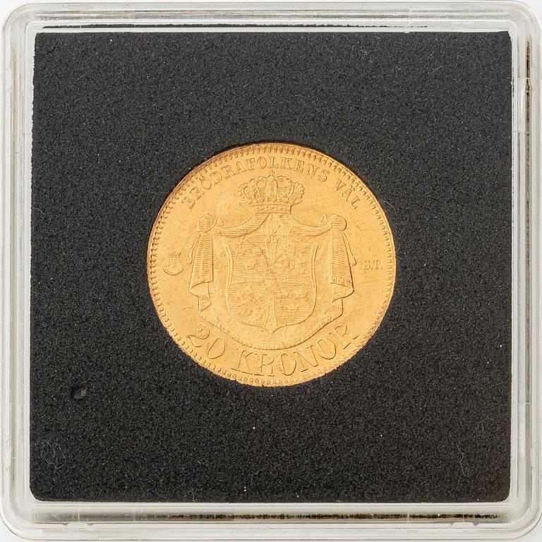 Gold coin, Oscar II, 20 kronor, type I, Sweden 1874.