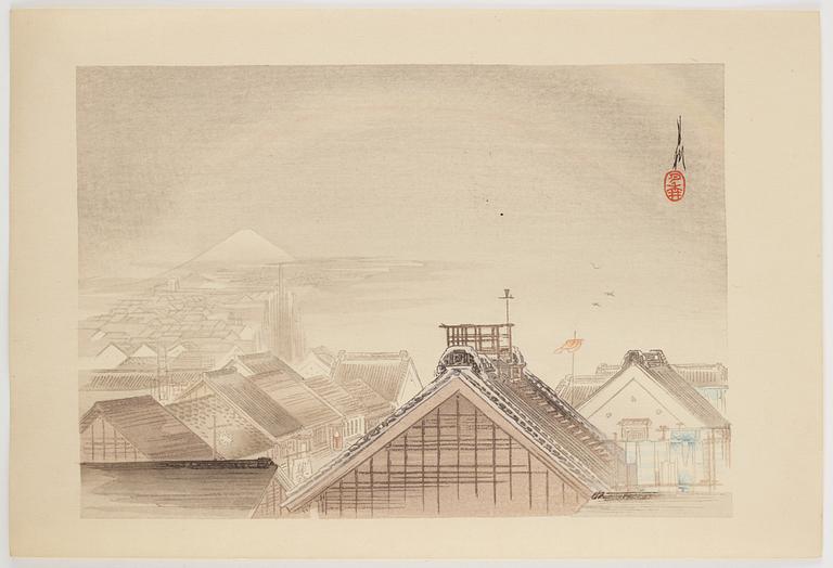 Four coloured woodblock prints. Japan, 20th century.