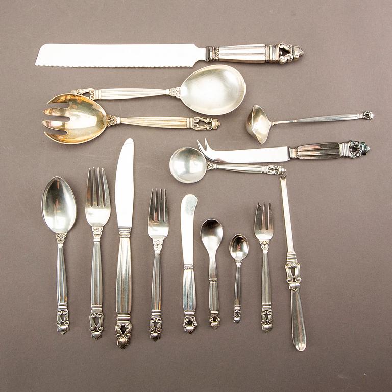 Johan Rohde, a set of 79 pcs of "Konge/Acorn" sterling silver flatware, maker's mark Georg Jensen, Copenhagen post 1945.