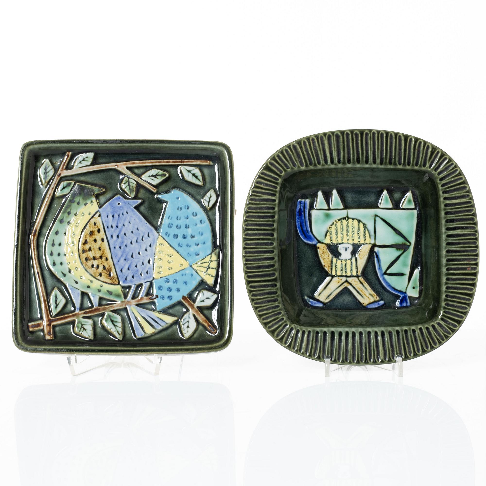 Lisa Larson, a stoneware mirror, wall relief and ashtray,  Gustavsberg.