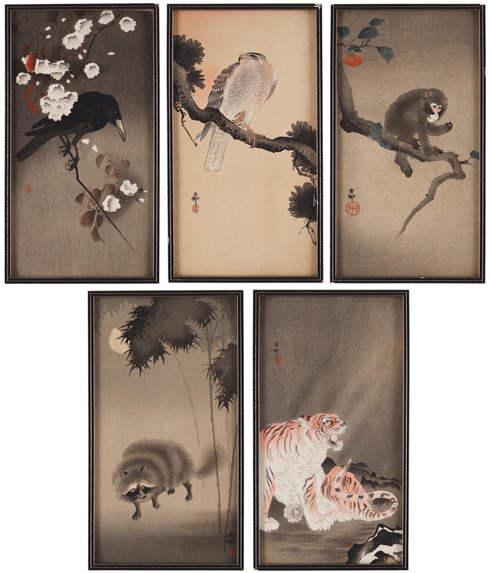 Ohara Koson (1877-1945), färgträsnitt, fem stycken. Japan, 1900-talets första hälft.