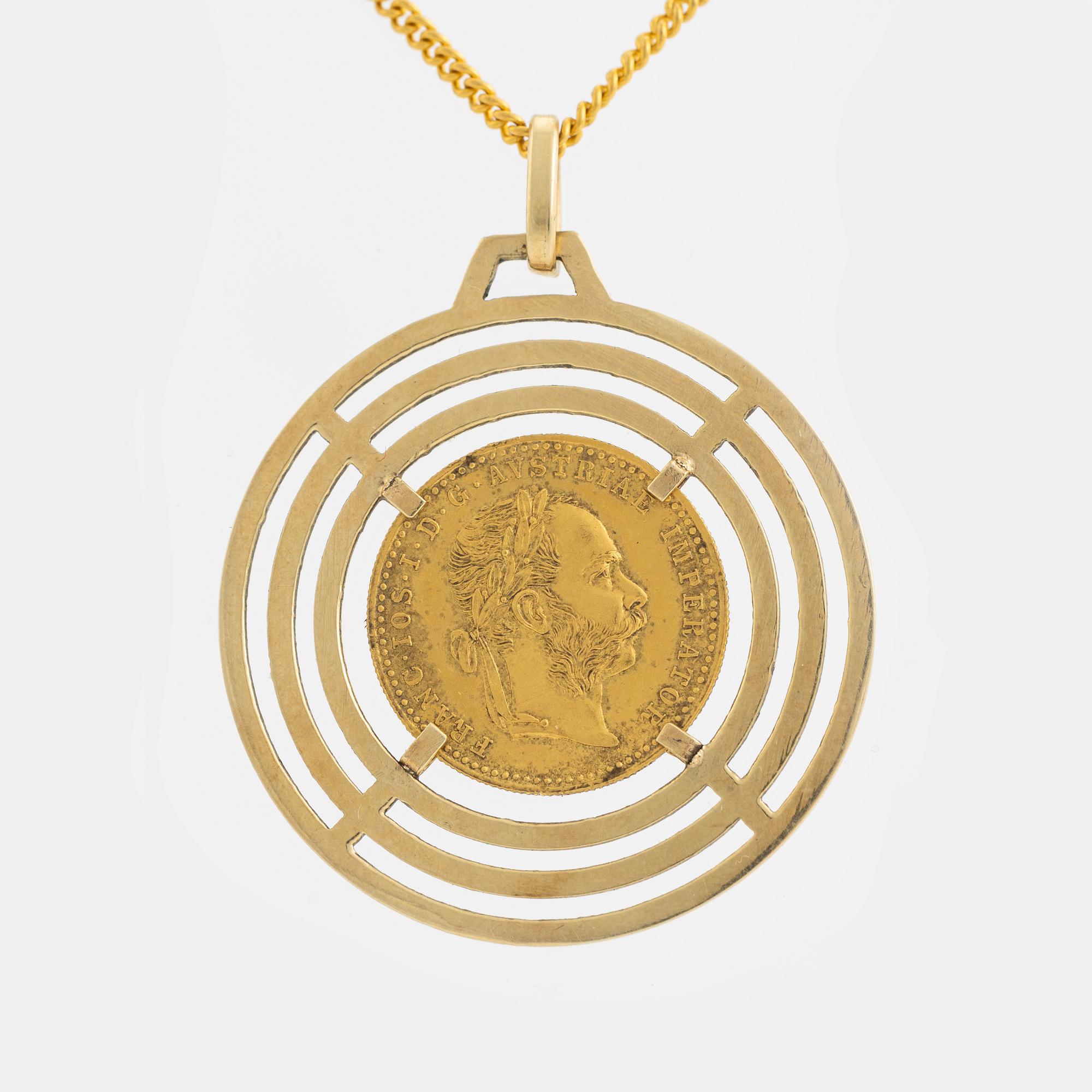 Hänge, med mynt Frans Josef i ram guld 14K guld, kedja 18K guld.