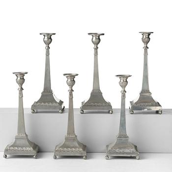 138. Six late Gustavian pewter candlesticks by P. H. Lundén, master in Lidköping 1797-1834.