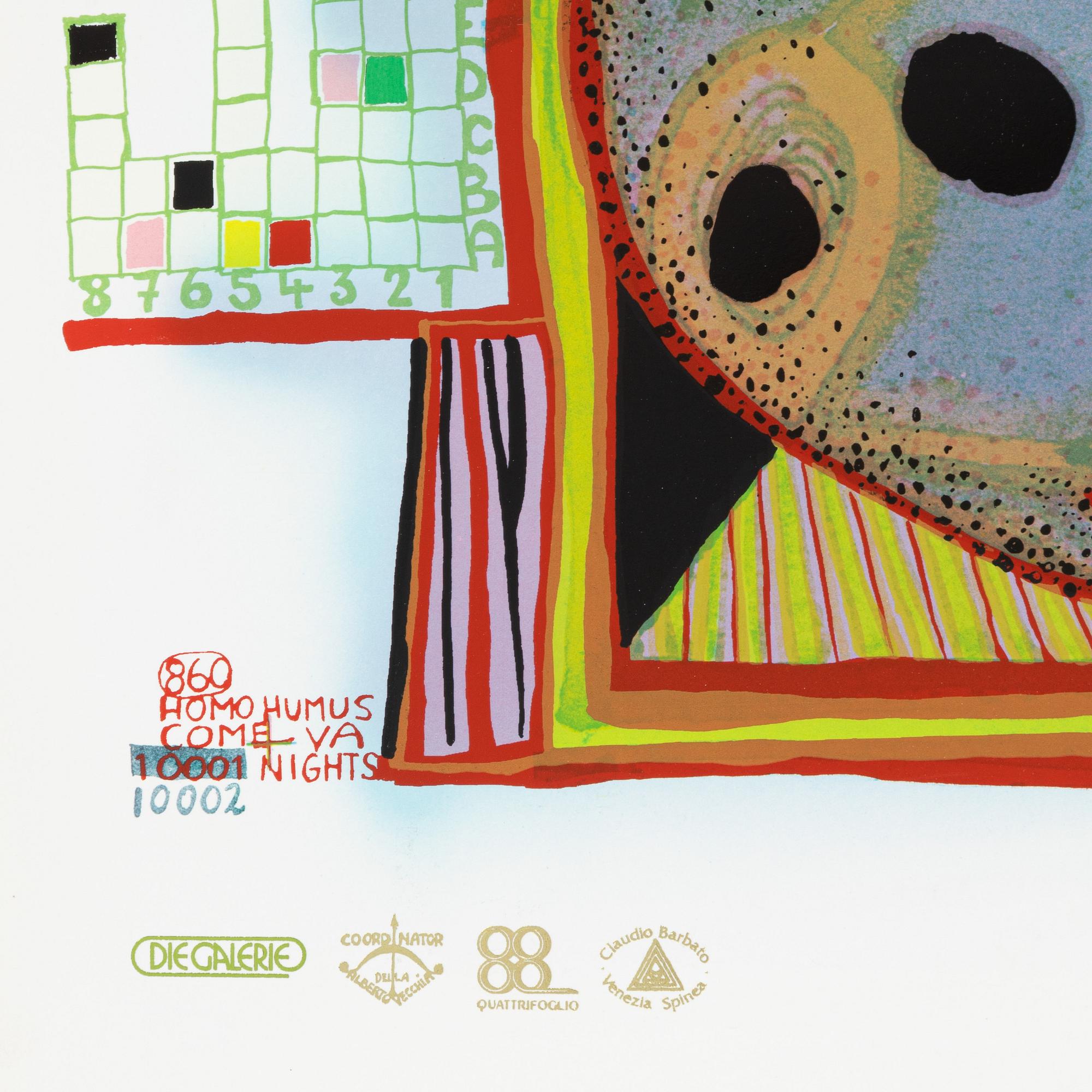Friedensreich Hundertwasser, photo lithograph and silk screen with metal embossing, 1984. Signed and numbered 4371/10002.