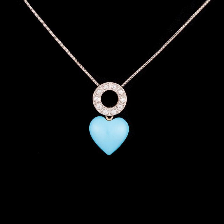 HÄNGE, 14K gult och vitt guld, briljantslipade diamanter, turkos. Vikt ca 7,1 g.