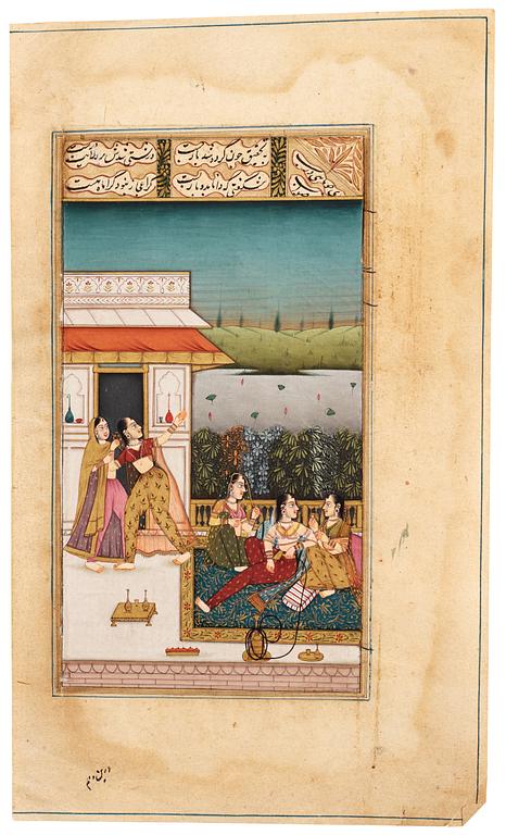 ALBUMBLAD, fyra stycken, bläck och färg på papper med förgyllda detaljer. Indien, sent 1800-tal.