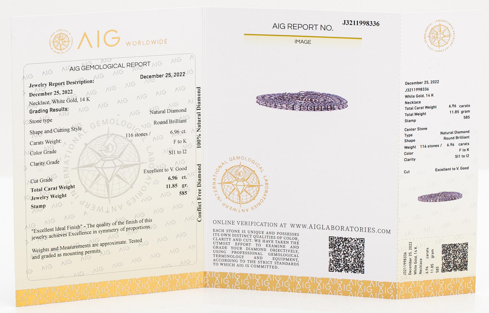Tenniskaulakoru/-rannekoru, 14K valkokultaa ja timantteja n. 6.96 ct yht. AIG todistuksella.