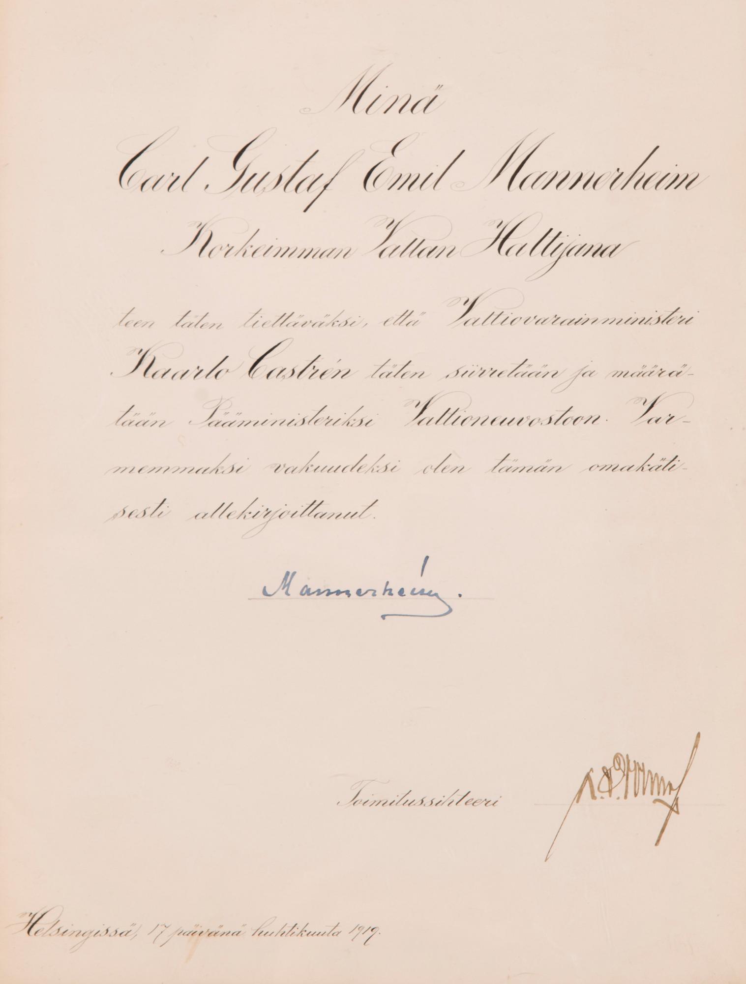 A document signed by C.G.E. Mannerheim 1919, Finland.