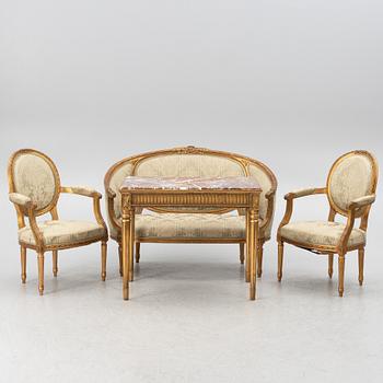 Sofa, 2 armchairs, table, Gustavian style, 20th century.