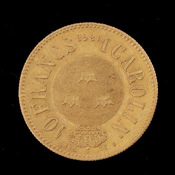 GULDMYNT, 1 Carolin/10 Francs, Karl XV, Sverige-Norge 1868. Vikt ca 3 gram.