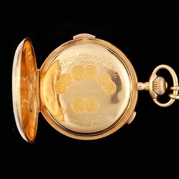 HERRFICKUR MED KRONOGRAF OCH REPETITION samt KLOCKKEDJA, guld 18k, La Maisonnette. Tot ca 174 gram.