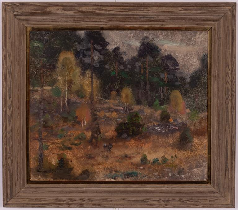 Lindorm Liljefors,Höstlandskap med jägare och hund.