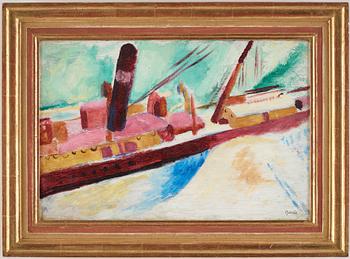 Sigrid Hjertén, Röd båt - utsikt från ateljén mot Stadsgårdskajen, Stockholm.