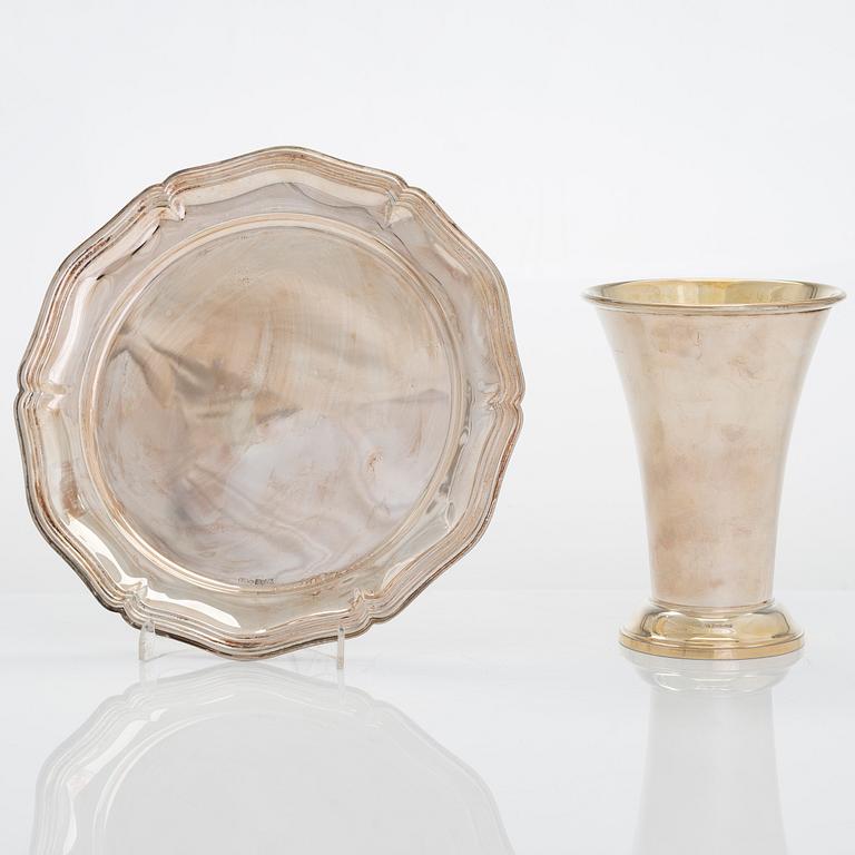 Goblet/vase and dish, silver, Hämeenlinna and Turku 1957, 1974.